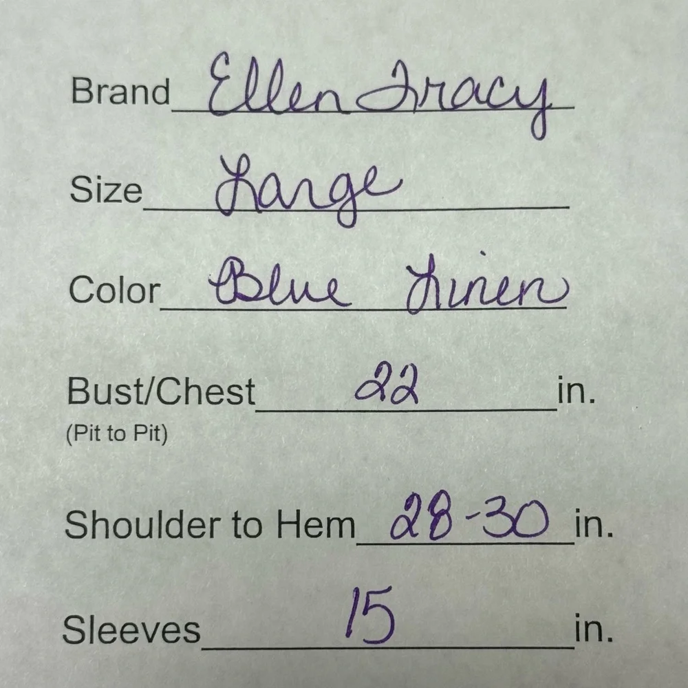 Ellen Tracy Linen Striped Tunic Top L Blue White Zip Front 3/4 Sleeve Summer - Picture 10 of 10